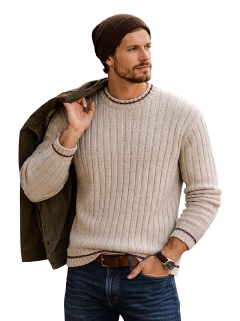 Timberland Ribbed Lambswool Sweater | Neutral Oatmeal Classic Heritage Pullover